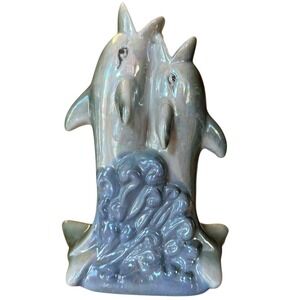 Vintage Iridescent Lusterware Two Dolphin Double Mouth Bud Vase Made in China 8"